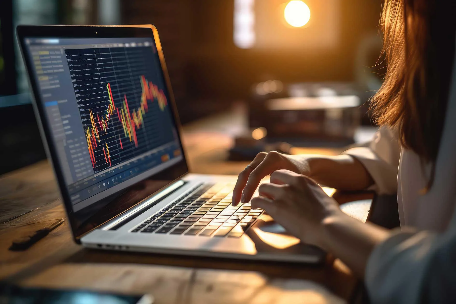 Eine Frau arbeitet an einem Laptop; Es ist einen Börsenkurs auf den Bildschirm zu sehen